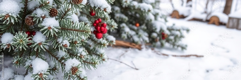 A close-up shot of weathered old wood covered in snow with a firtree in the background, holiday, peaceful A close-up shot of weathered old wood covered in snow with a firtree in the background, holiday, peaceful
