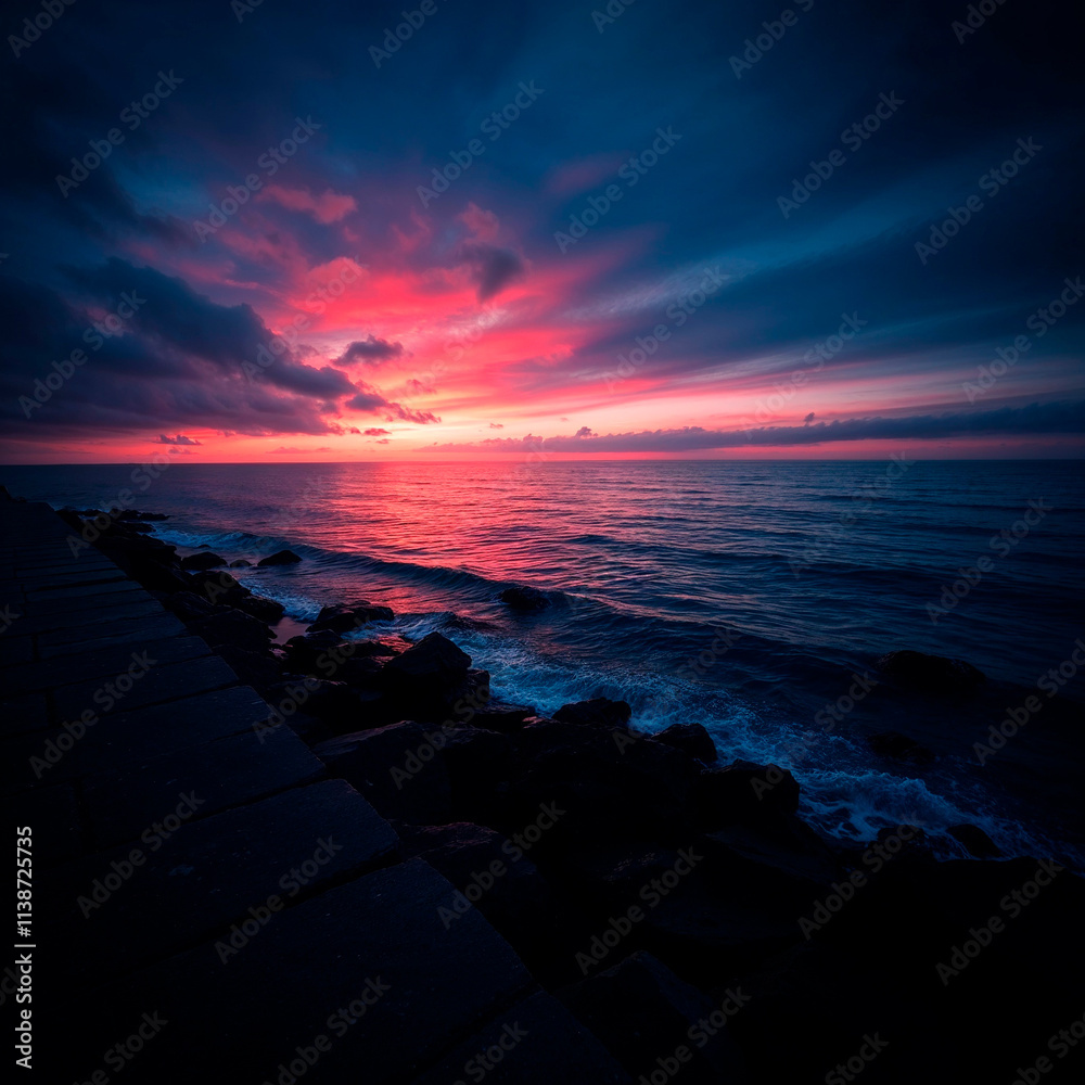 Obraz premium Professional fine art photography: rich burgundy and deep blue sea side scene, sophisticated and elegant, soft contrast, soft saturation, Photo of the Year style