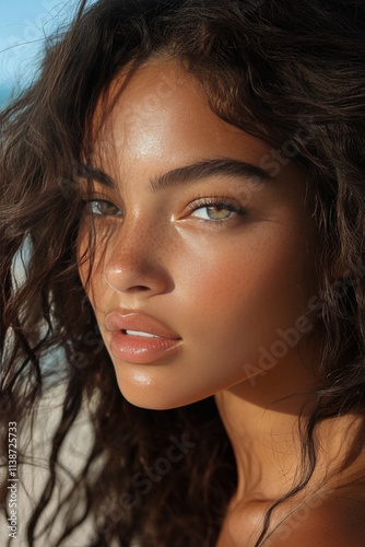 Captivating close up of a young woman with curly hair and striking green eyes