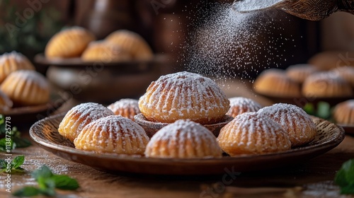 Baking sweet treats with powdered sugar in a rustic kitchen showcase