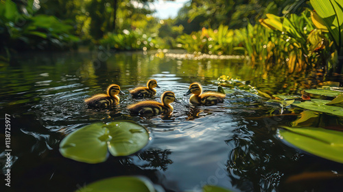 A family of ducks swimming in a serene pond surrounded by reeds and lilies.