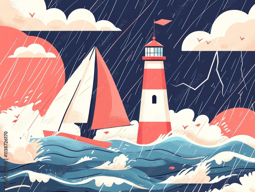 Naklejka premium A stormy scene featuring a lighthouse and a sailboat amidst turbulent waves.