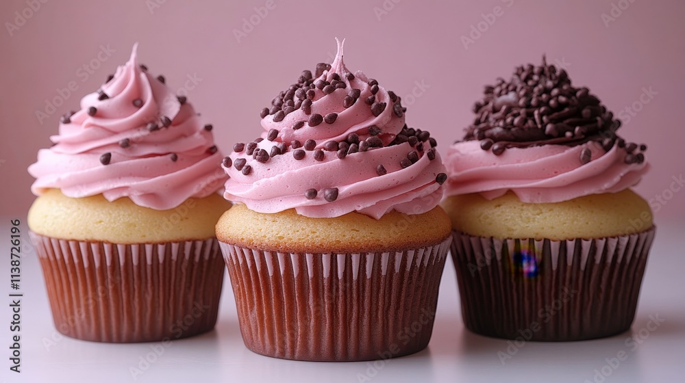 Delicious and Tempting Cupcakes with Pink Frosting and Chocolate Sprinkles on a Soft Background Perfect for Parties and Celebrations Delicious and Tempting Cupcakes with Pink Frosting and Chocolate Sprinkles on a Soft Background Perfect for Parties and Celebrations