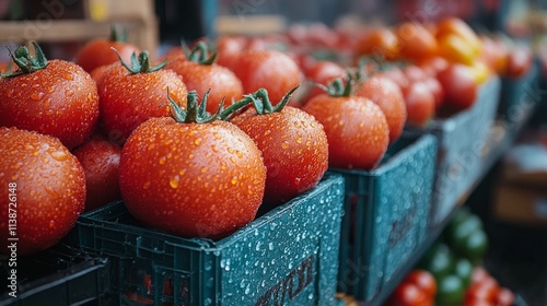 Fresh red tomatoes on display at a market after rain in summer