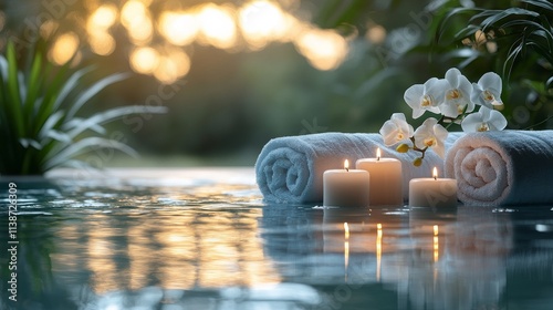 Relaxing spa setting with candles and towels near a tranquil pool at sunset