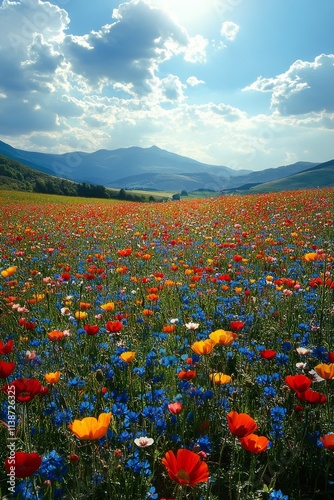Colorful wildflower field under a bright sky with distant mountains in the ba...