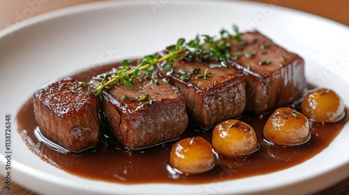 Deliciously plated gourmet dish with sauce and herbs in fine dining restauran...