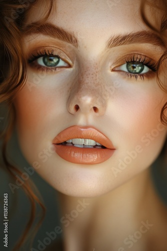 Striking portrait of a woman with dark lipstick and stylish hair against a ne...