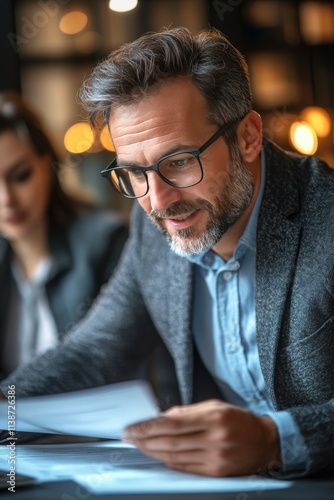Professional man reviews documents in a modern office space surrounded by gre...