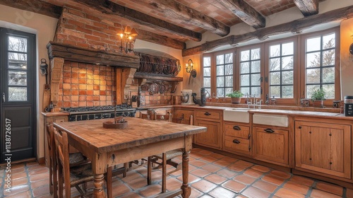 Rustic kitchen with wooden furniture and scenic view during daylight