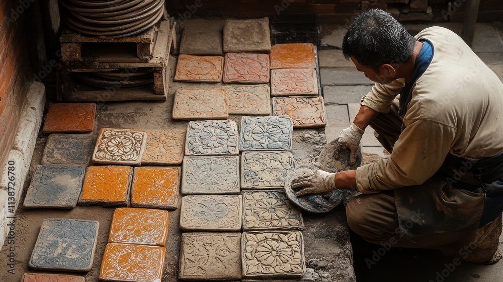Fototapeta premium Craftsman installing handcrafted ceramic tiles on floor.