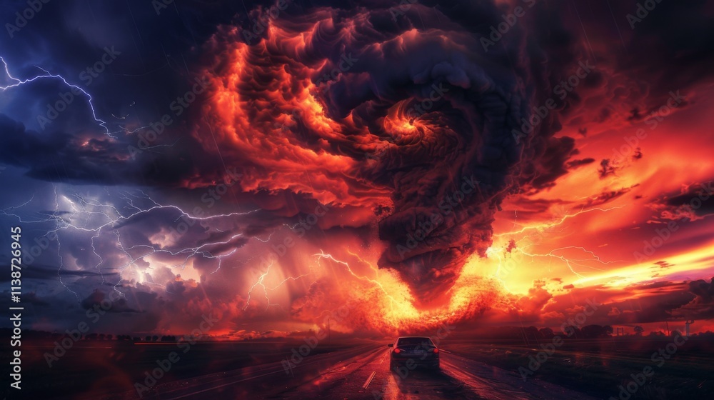 Fototapeta premium Thunderstorm, tornado, dramatic sky, vivid colors, stormy weather, ominous clouds, road view A breathtaking scene showcasing a powerful tornado emerging from dark, swirling clouds at sunset