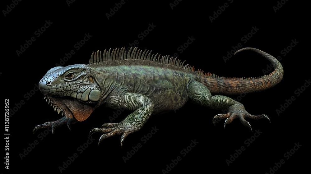 Fototapeta premium Green iguana, scaly skin, black background.