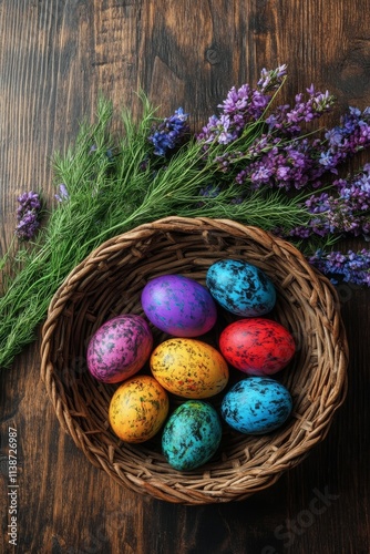 Colorful Easter eggs in a woven nest arranged on a dark background