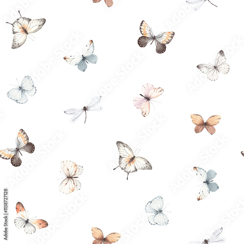Photography Watercolor seamless pattern with flying abstract butterflies and dragonflies, isolated illustration for textile, wallpapers or background