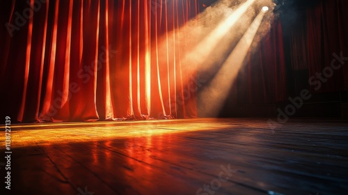 Spotlight shining on stage with red curtains in an empty theatre setting