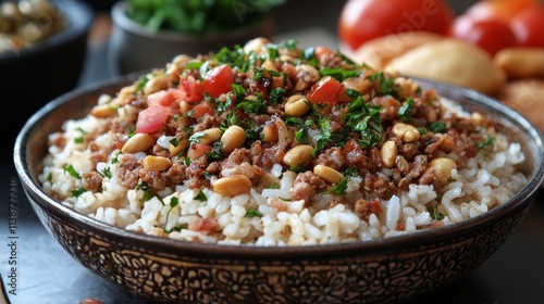 Nutritious grain dish featuring pine nuts and vegetables on a rustic wooden t...
