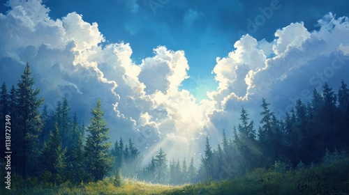 Sun rays through clouds in a forest.