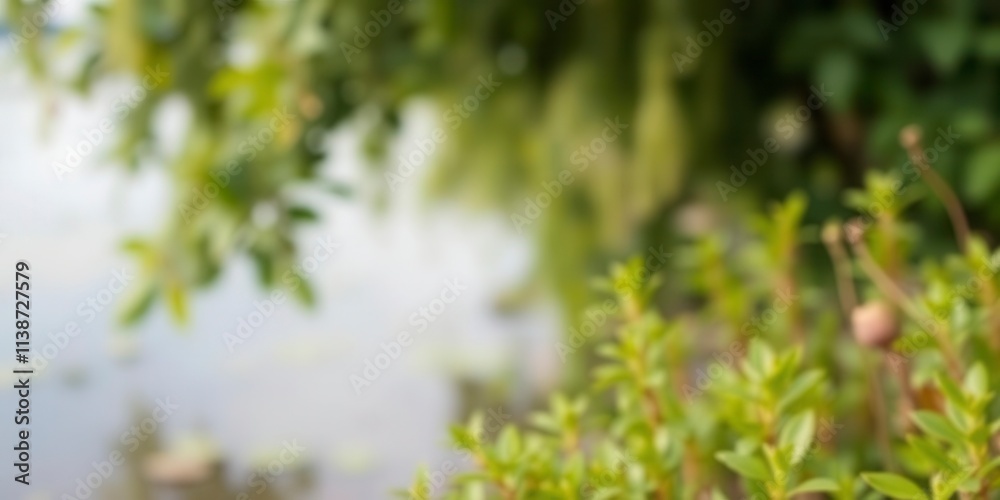Blurred image of serene natural background featuring water and lush green plants, outdoors, blurred background, green Blurred image of serene natural background featuring water and lush green plants, outdoors, blurred background, green