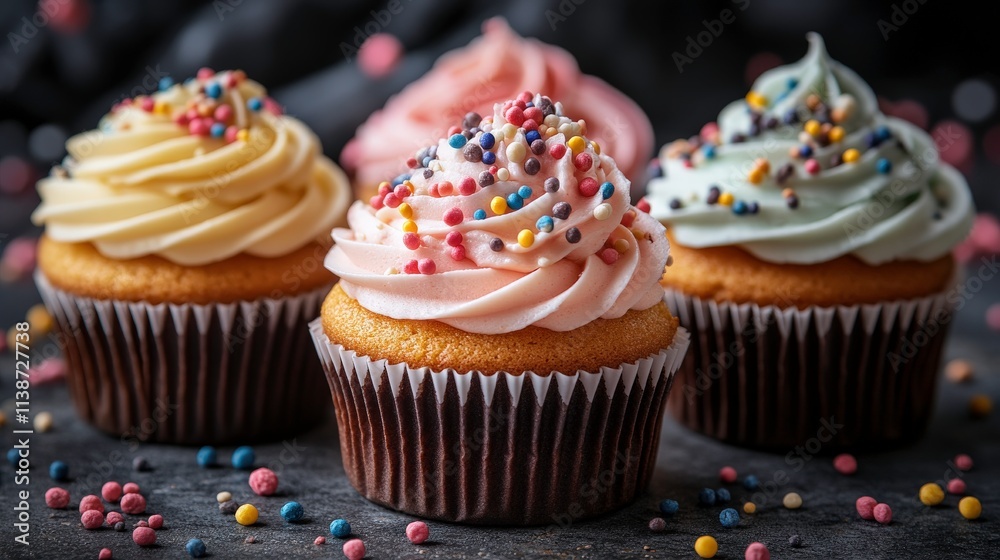 Colorful Cupcakes with Swirled Frosting and Sprinkles on Dark Background, Perfect for Dessert Lovers and Bakery Advertising, Captured in Close-Up Colorful Cupcakes with Swirled Frosting and Sprinkles on Dark Background, Perfect for Dessert Lovers and Bakery Advertising, Captured in Close-Up