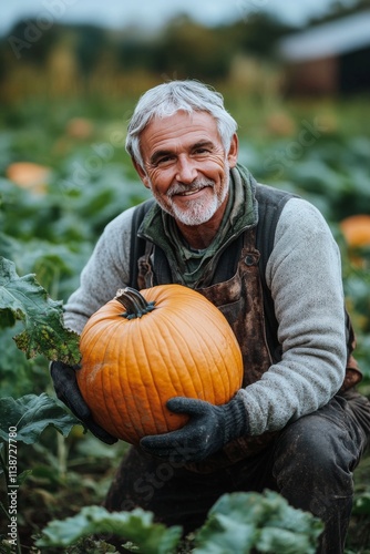 Farmer in a pumpkin field holding a large orange pumpkin during harvest season