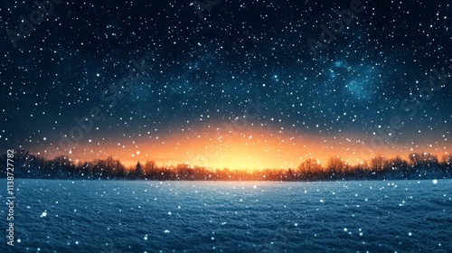Snowfall at dusk with a glowing horizon and starry sky in a serene winter lan...
