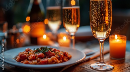 Dinner setting with sparkling drinks and gourmet meal during golden hour at o...