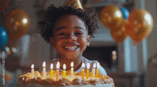 Happy child celebrating birthday with cake and candles in cozy indoor setting