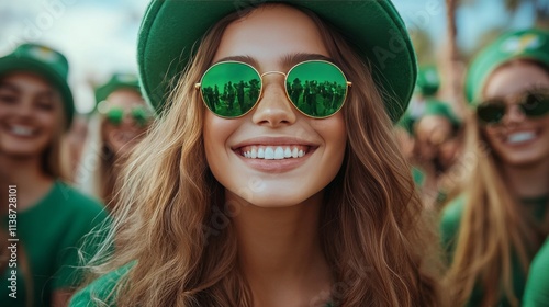 Smiling friends celebrate together at a festive gathering wearing green acces...