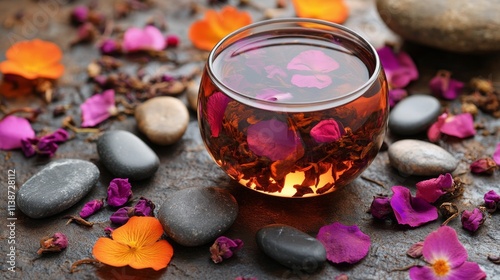 Relaxing herbal tea with colorful flower petals and smooth stones on a wooden...