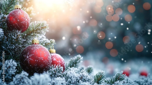 Christmas decorations with snow, festive atmosphere, and warm lights in the b...