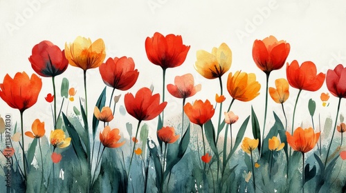 Vibrant red tulips blooming in a watercolor style with soft blue background