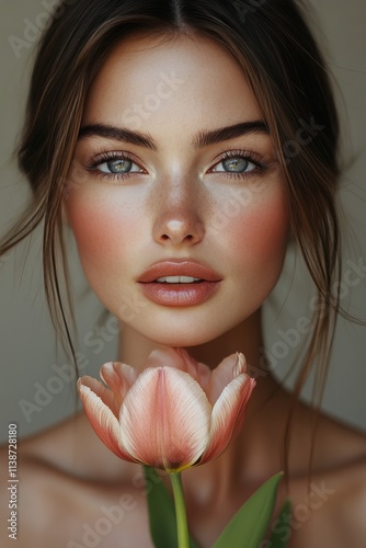Beautiful model poses with pink flower in soft natural light showcasing her r...
