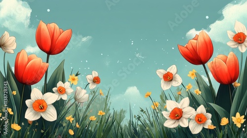 Colorful tulips and daisies bloom under a clear blue sky in a vibrant floral ...