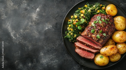 Delicious roast beef served with seasoned potatoes and garnished herbs at a v...