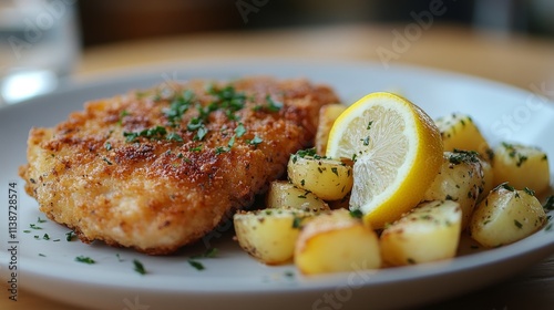 Deliciously crispy fried chicken served with lemon and seasoned potatoes on a...