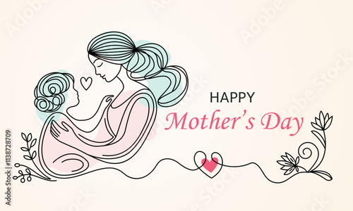 congratulatory banner with happy mother's day. beautiful woman with long hair and little child on her chest. vector illustration isolated