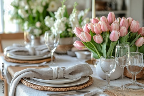 Elegant dinner table setting with pink tulips and soft candlelight ambiance