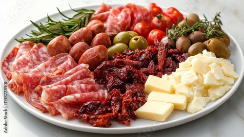 Platter filled with assorted meats, cheeses, and vegetables displayed on a wh...
