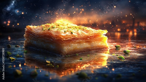 Dessert tower of flaky pastry drizzled with syrup garnished with nuts and min...