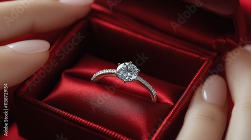 Engagement ring displayed in a velvet box on a rich red fabric