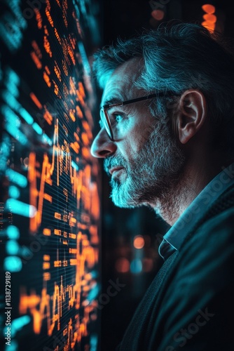 Focused individual analyzing financial data on a digital display in a modern ...