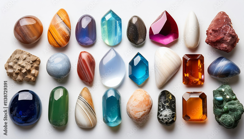 Collection of various colorful gemstones and minerals on white background. Precious stones. Top view Collection of various colorful gemstones and minerals on white background. Precious stones. Top view