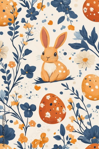 Cute bunny among colorful flowers and decorated eggs in a cheerful spring set...