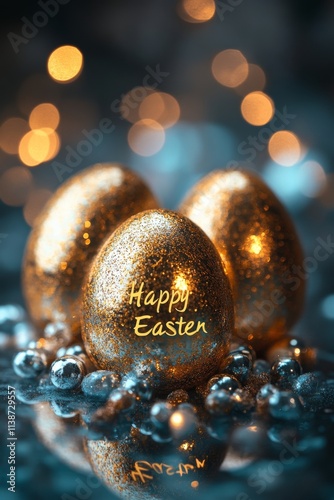 Colorful Easter eggs with a festive greeting on a bright background