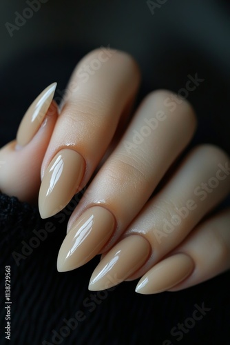 Elegant nude manicure featuring sharp almond shaped nails on a smooth surface