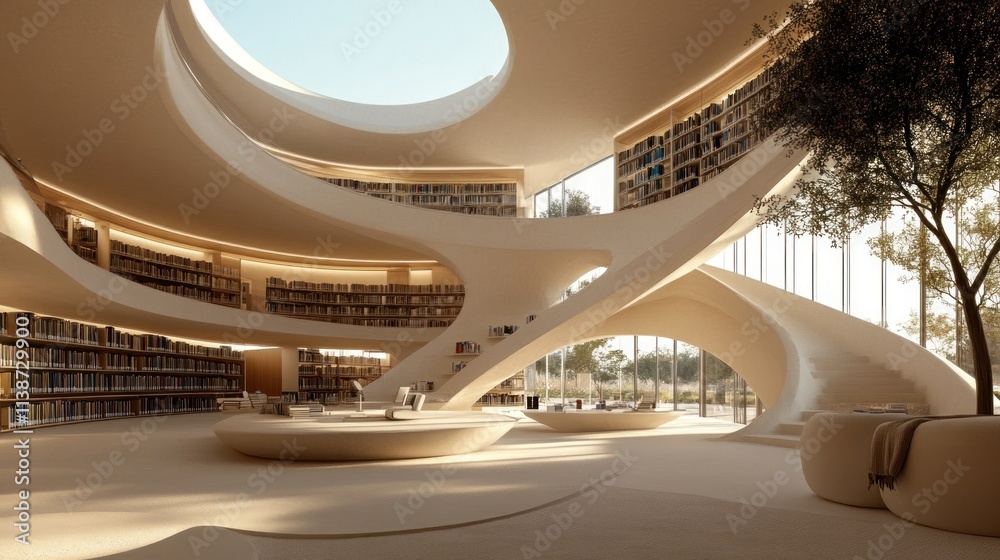 Obraz premium Modern library interior with curved walls, bookshelves, and natural light.