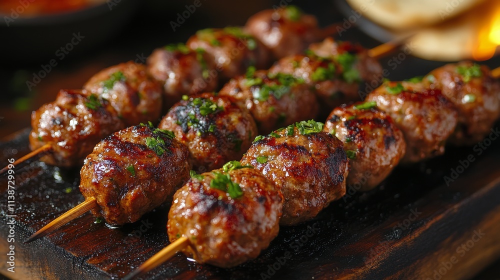 Grilling skewers with meat over an open flame at a summer cookout Grilling skewers with meat over an open flame at a summer cookout
