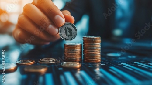 Holding a coin above a stack surrounded by numerous other coins