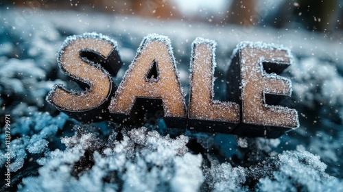 Sale sign covered in frost on a chilly winter day in a quiet outdoor setting